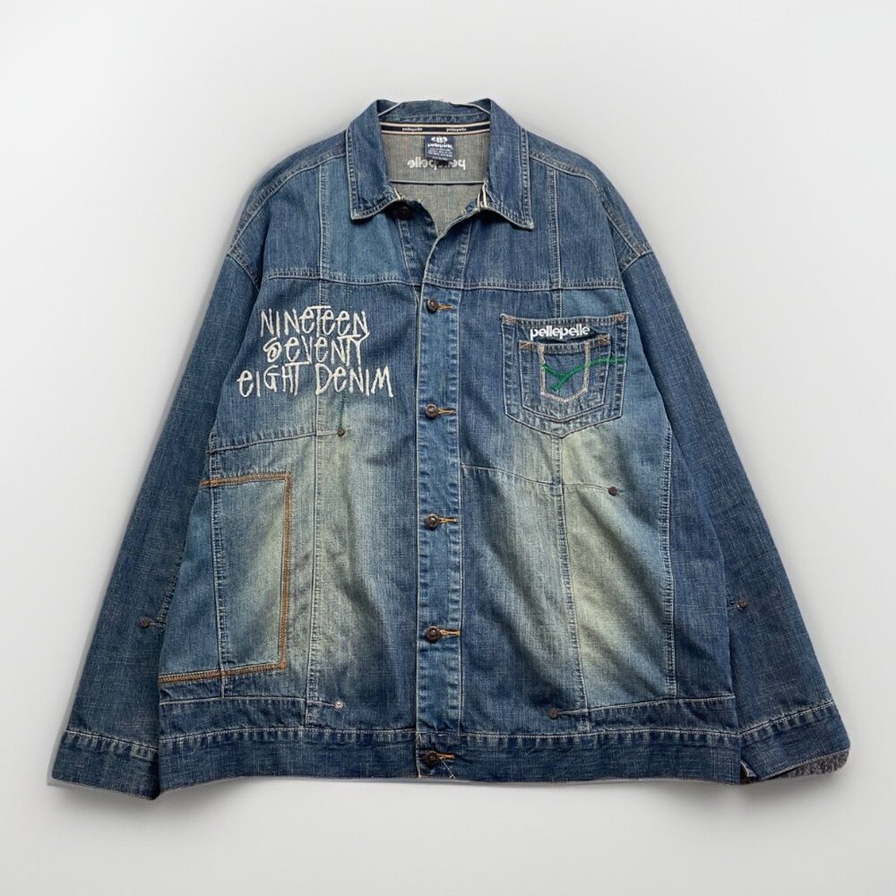 VTG PELLE PELLE Marc Buchanan Denim Jean Jacket Men XL Y2K Distressed 1978